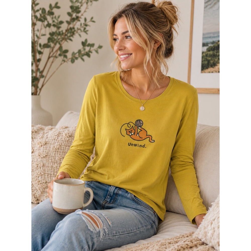Life is Good Womens Yellow Green Unwind Cat Graphic Long Sleeve Tee Shirt Med